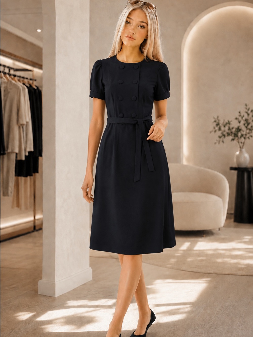 Le Chateau Classic Black Short-Sleeve Belted Dress
